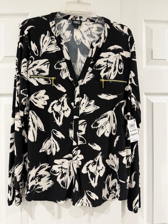 INC International Concepts Tops - INC International Concepts Black & White Floral Zip-Pocket Button Down Shirt
